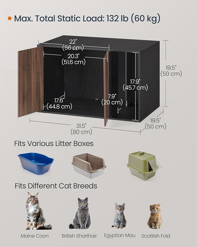 SONGMICS HOME Cat Litter Box Enclosure, Snapsemble Superfast Assembly, Litter Box Furniture for Large Cats, Display Side Table, Push-to-Open Doors, Ebony Black and Somber Walnut UPCL013BE01S