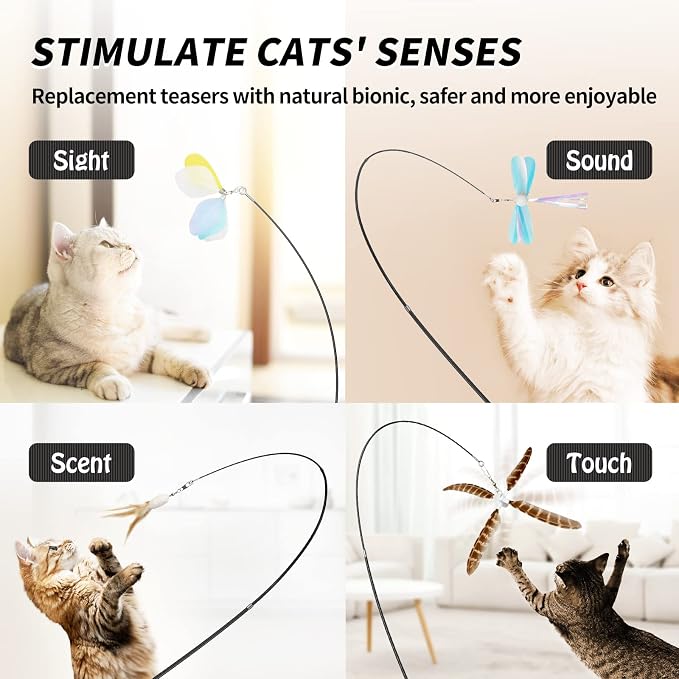 uahpet Natural Feather Cat Toys for Indoor Cats Retractable Cat Wand 60inch Safe Hunting Distance Interactive Toys for Kittens with 8Pcs Different Senses Replacement Teasers