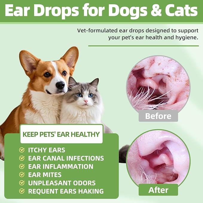 Ear Infection Treatment for Dogs and Cats, Yeast Ear Infection Treatment Drops to Soothe Itchy, Daily Care Dog Ear Cleaning Solution for Gently Removes Debris, Wax, Odor - 2 Pack