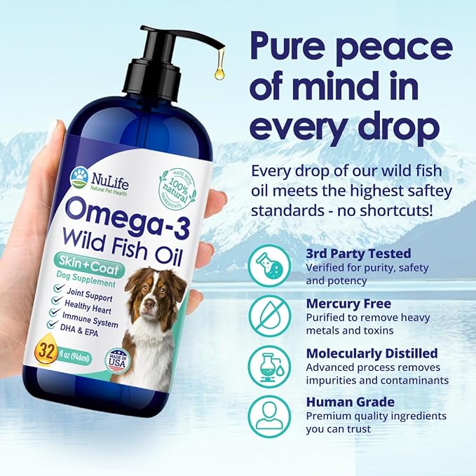 Liquid Fish Oil for Dogs with Omega 3, 6 & 9 Fatty Acids, Wild Caught from Iceland, Skin and Coat Supplement for Shedding, Itchy Skin, Allergies, Brain and Heart Health, Rich in EPA + DHA - 32 oz