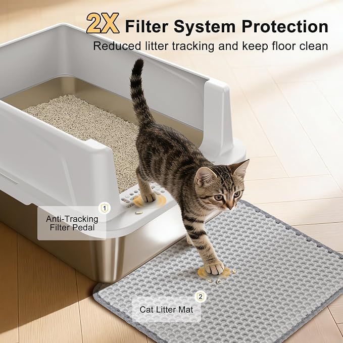 FURTIME Stainless Steel Cat Litter Box, Easy-Clean High-Sided Metal Litter Box, Open-Top Litter Pan for Small Cats, Includes Scoop & Mat, Non-Stick, Anti-Leakage, 17"×13"×8.4"