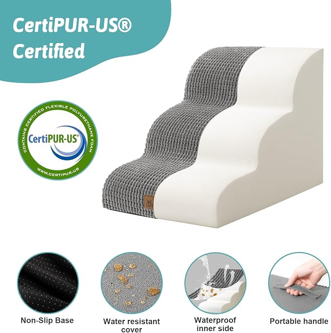 COZY KISS Dog Stairs for Small Dogs 15.7" H, Curved Dog Step for Puppy, Older Cat, Medium Pet Ramp for Sofa, Couch or Chair, Ladder with High Density Foam, 3 Step, 15.7x22.4x15.7 inch, Dark Grey