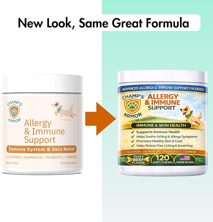 Allergy Relief for Dogs - Dog Itchy Skin & Dog Skin Allergies Treatment Chews with Natural Antihistamine, Colostrum, Salmon Oil, Probiotics for Seasonal Allergies Dogs - 120 Beef Flavor Soft Chews