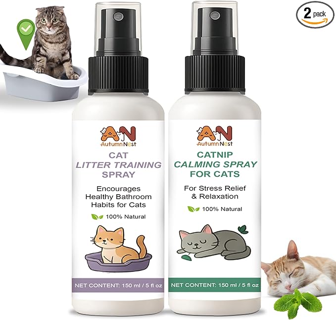 Cats Calming & Litter Training Spray Kit – 2-Pack 150ml Duo, Cat Training Spray with Catnip Calm & Cat Litter Attractant, Helps Stop Cats from Urinating in House, Safe Behavior Aid