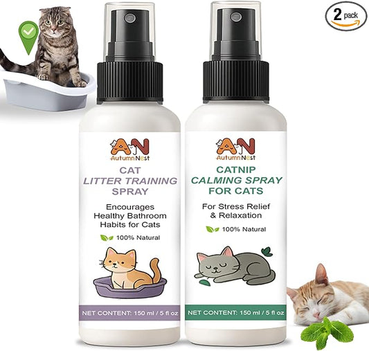 Cats Calming & Litter Training Spray Kit – 2-Pack 150ml Duo, Cat Training Spray with Catnip Calm & Cat Litter Attractant, Helps Stop Cats from Urinating in House, Safe Behavior Aid