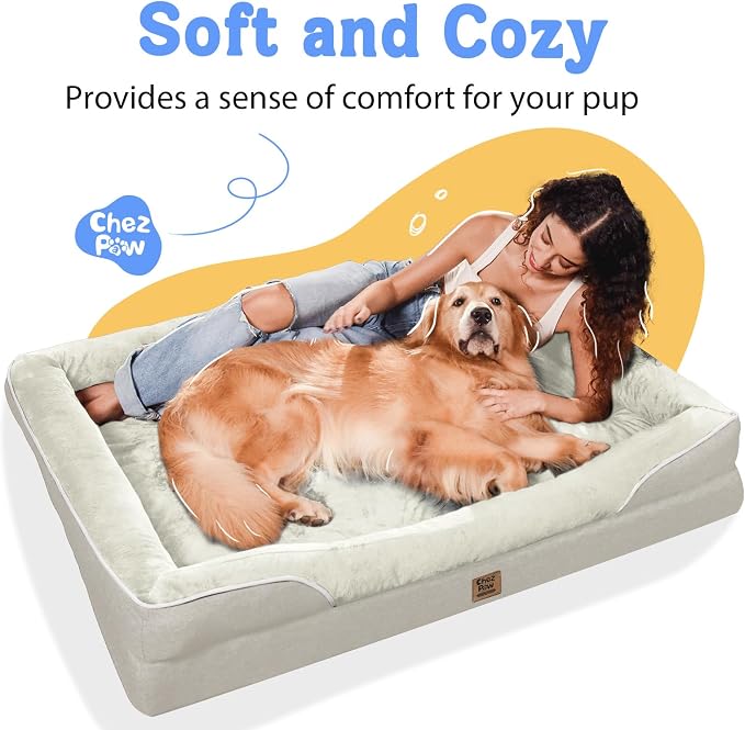 Chez Paw XXL Orthopedic Dog Bed for Extra Large Dogs, Extra Thick Egg-Crate Foam Waterproof Pet Couch with Removable Washable Cover, 4-Sided Bolster & Non-Slip Bottom, Beige 45"x35"x7.5"