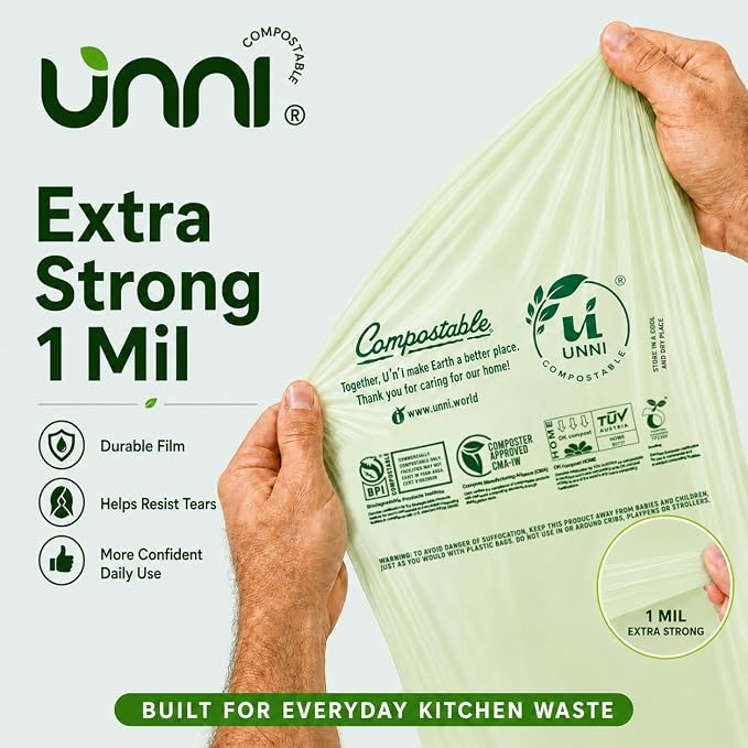 UNNI Compostable Trash Bags, 20-23 Gallon / 87 Liter, 60 Count Value Pack, Extra Thick 1.0 mil Large Bin Liners for Food Scrap, BPI, CMA & OK compost HOME Certified (Meets ASTM D6400)