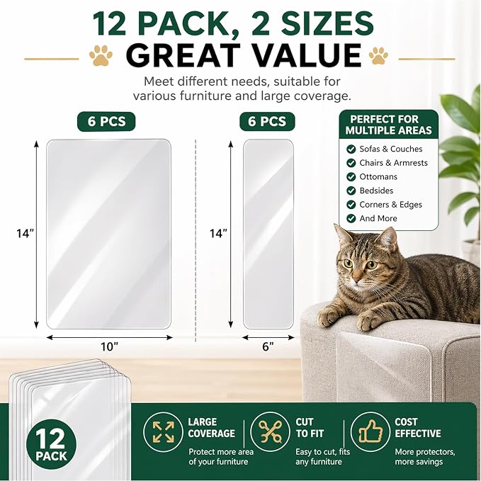 Cat Scratch Furniture Protector for Couch, 12 Pack Clear Couch Protector from Cat Claws, Self Adhesive Anti Scratch Furniture Protectors for Cats, Transparent Couch Corner Protectors, No Residue