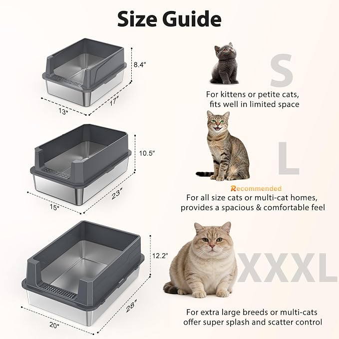 FURTIME Stainless Steel Cat Litter Box, Easy-Clean High-Sided Metal Litter Box, Open-Top Litter Pan for Large Cats, Great for Multi-Cat Homes,Includes Scoop&Mat, Non-Stick, Anti-Leakage, 28"×20"×12.2"