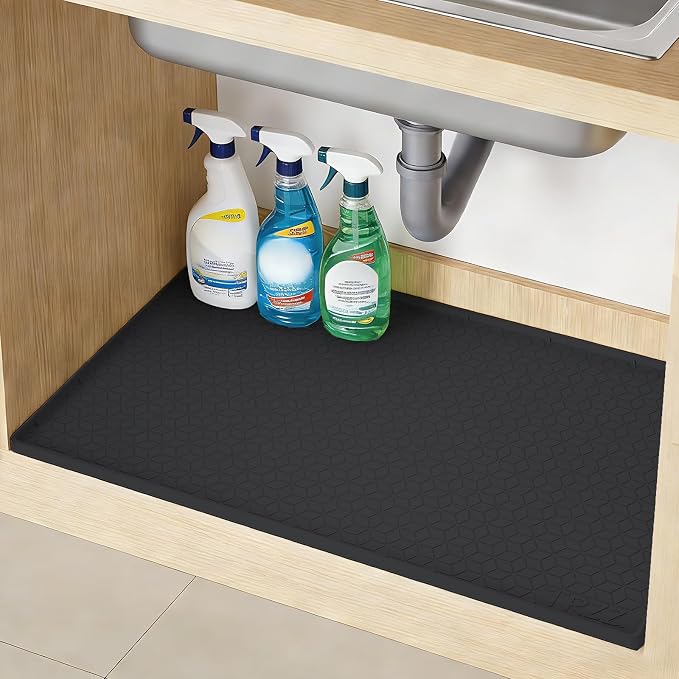 TRZZ Silicone Waterproof Under Sink Mat 34" x 19", Drip Tray and Cabinet Liner for Kitchen and Bathroom, Prevents Water Damage and Organizes Cabinets (Black)