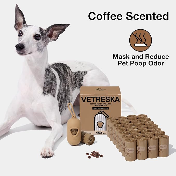 VETRESKA Dog Poop Bags with Handles 450 Count, Coffee Scented Waste Bags, Leak-Proof Thick Dog Bags for Poop, Easy-Tie Large Poop Bags, 30 Refill Rolls with 1 Dispenser for Dog Walking Cat Litter