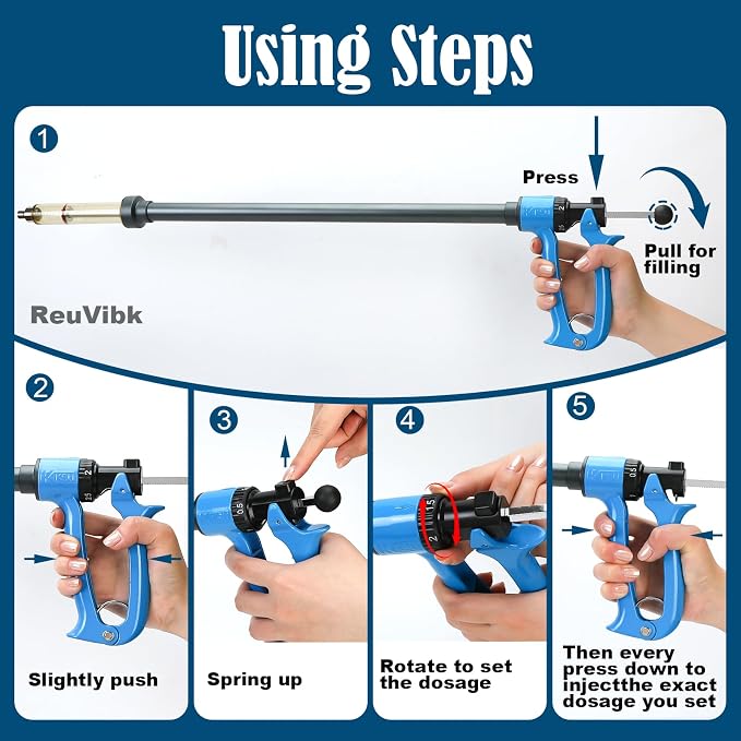 25ML Livestock Iong Shot Pole Syringe, Cattle Syringe Gun | with Luer Lock 5 Gears Adjustable Continuous Repeating Veterinary Vaccine Injector for Cattle, Horses, Sheep & Pigs