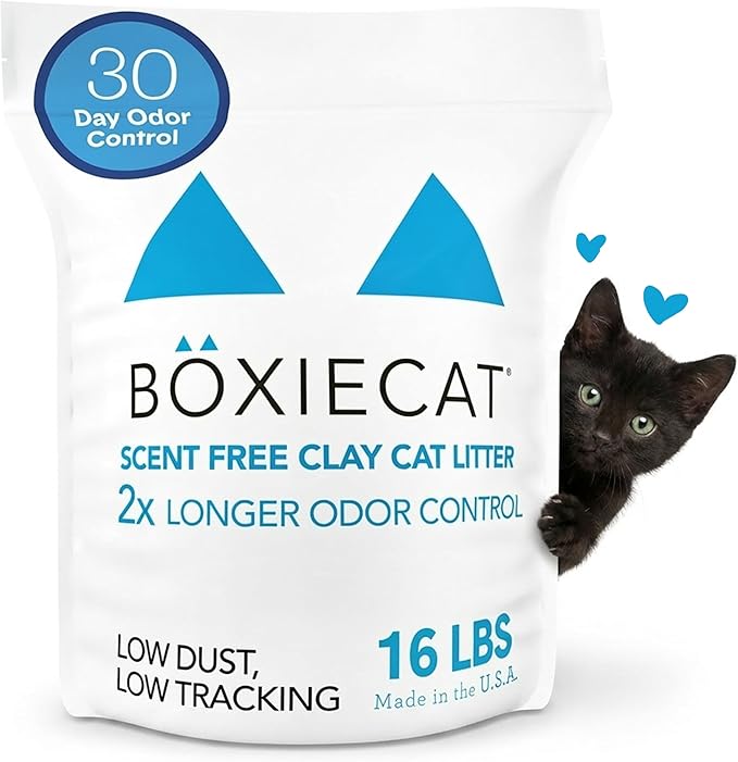 Boxie Unscented 30 Day Odor Control Clumping Clay Cat & Kitty Litter 16 lb, 99.9% Dust-Free, Hard Flat Top Clumps, No Fragrances No Fillers, Long-Lasting, Easy to Scoop