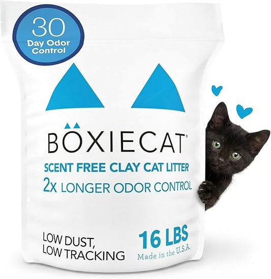Boxie Unscented 30 Day Odor Control Clumping Clay Cat & Kitty Litter 16 lb, 99.9% Dust-Free, Hard Flat Top Clumps, No Fragrances No Fillers, Long-Lasting, Easy to Scoop