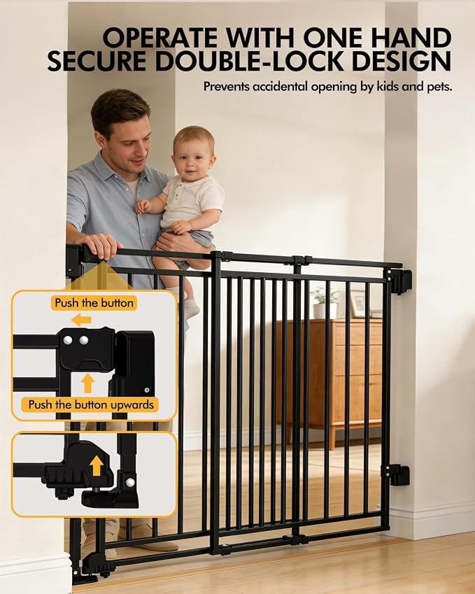Baby Gate for Stairs, Doorways & Hallways with Auto Close – 26.4"-43" W x 39" H, Extra-Wide Walk Thru and No Bottom Bar for Easy Access, Adjustable Safety Gate for Dogs & Toddlers, Black
