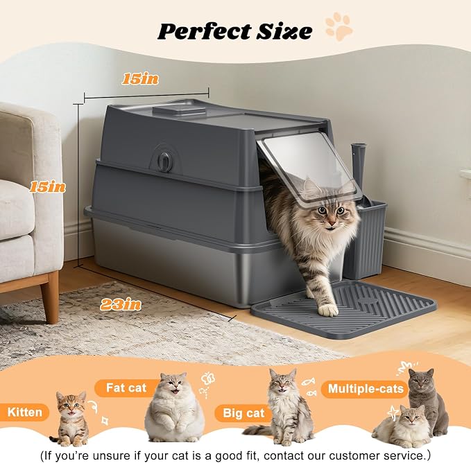 AIPERRO Enclosed Stainless Steel Cat Litter Box with Lid, FILP-Top High Sided Enclosure Metal Litter Boxes with Scoop Set for Big Cats, Non-Sticky, Anti-Leakage, Easy Cleaning,Transparent Grey