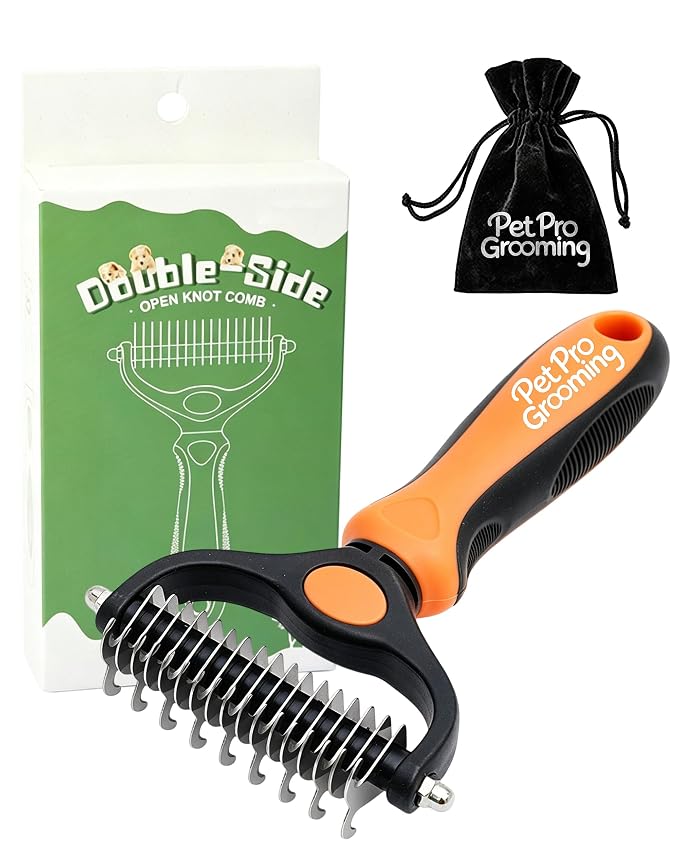 Tool, 2-In-1 Deshedding Dog Brush, Double-Sided Grooming Tool for Thick Coats, Rounded-Tooth Comb for Painlessly Removing Knots and Loose Hair (Orange-Large)