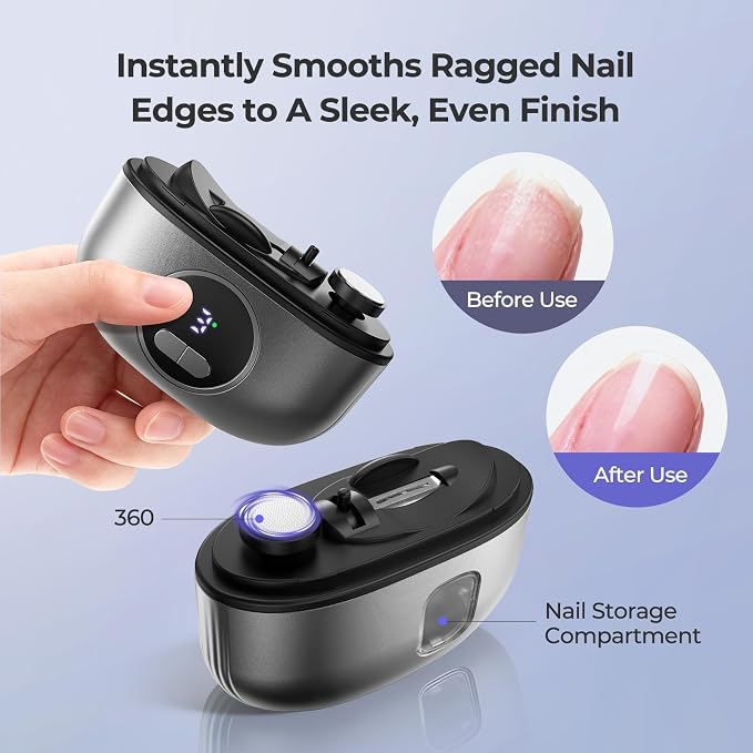 Electric Nail Clipper, 4-in-1 Improved Nail Clippers Set with LED Light & USB Rechargeable, 3 Speed Quiet & Nail Clip Storage for Baby Adults Seniors Thick Nails –Includes Oblique Nail Clippers (Grey)