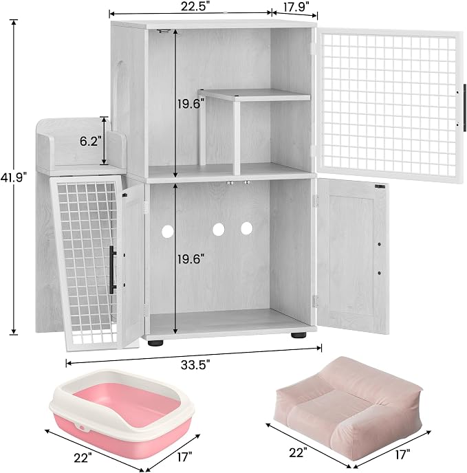 Cat Litter Box Enclosure Furniture with Double Layer Design, Hidden Litter Box & Lounge Villa for Indoor Cats - Includes Ladder, Platform, and Washroom Space for Living Room, Antique White