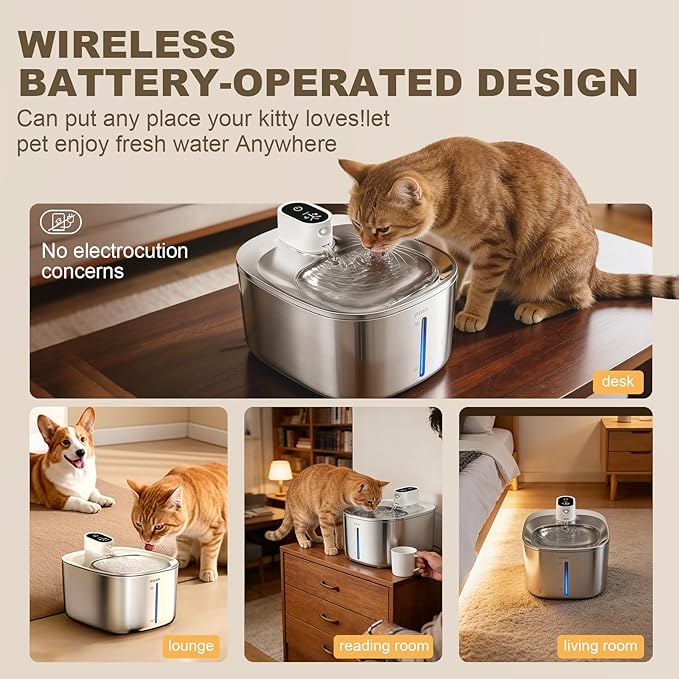 Wireless Cat Water Fountain Stainless Steel,4.2L Cordless Pet Fountains for Dringking,4000mah Battery Operated Cat Water Pountain,Automatic Dog Dispenser w Pen Cat Toys
