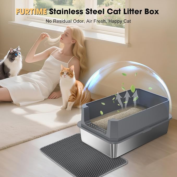 FURTIME Stainless Steel Cat Litter Box, Easy-Clean High-Sided Metal Litter Box, Open-Top Litter Pan for Large Cats, Includes Scoop & Mat, Non-Stick, Anti-Leakage, 23"×15"×10.5"