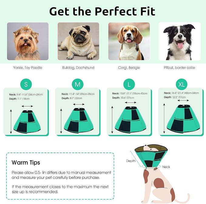 Queenmore Dog Cones for Small Dogs, Adjustable Comfy Cone for Dogs, Dog Cone Collar to Prevent Licking Wounds, Adjustable Elizabethan Collar for Pets, Green S
