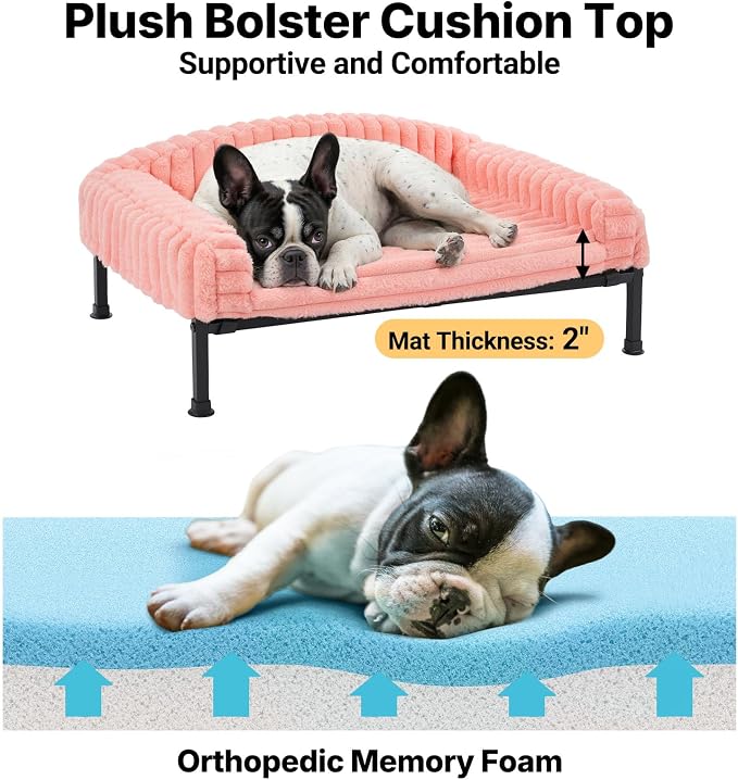Veehoo Elevated Dog Bed with Bolster Cushion, Fluffy Plush Dog Couch Beds for Small Dogs, Cats, Washable Raised Pet Cot with Non-Slip Feet for Indoor or Patios Use, 24 x 18 Inches, Pink