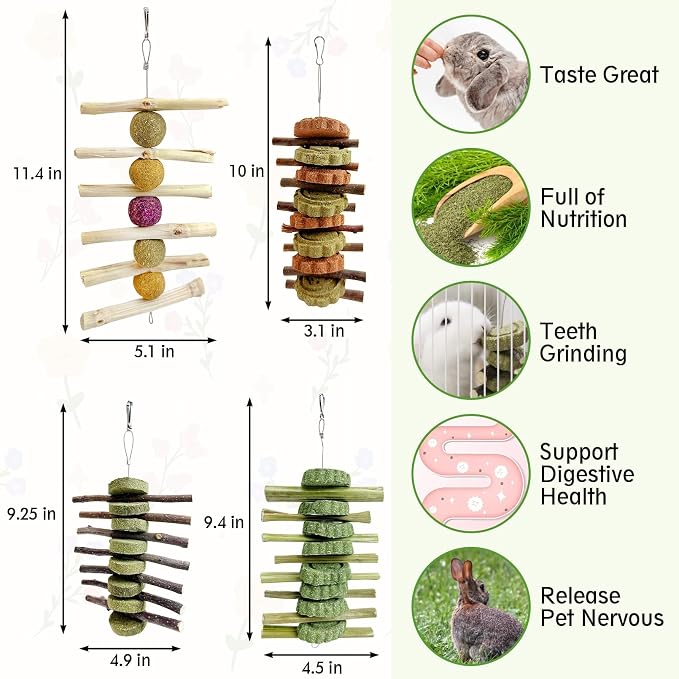 Hamiledyi 4 Pcs Rabbit Cage Mats Small Animal Plastic Feet Pads Floor Mat 4PCS Bunny Chew Toys Rabbit Toys for Teeth Grinding Natural Fruit Sticks Timothy Grass Small Animal Chew Toys and Treats