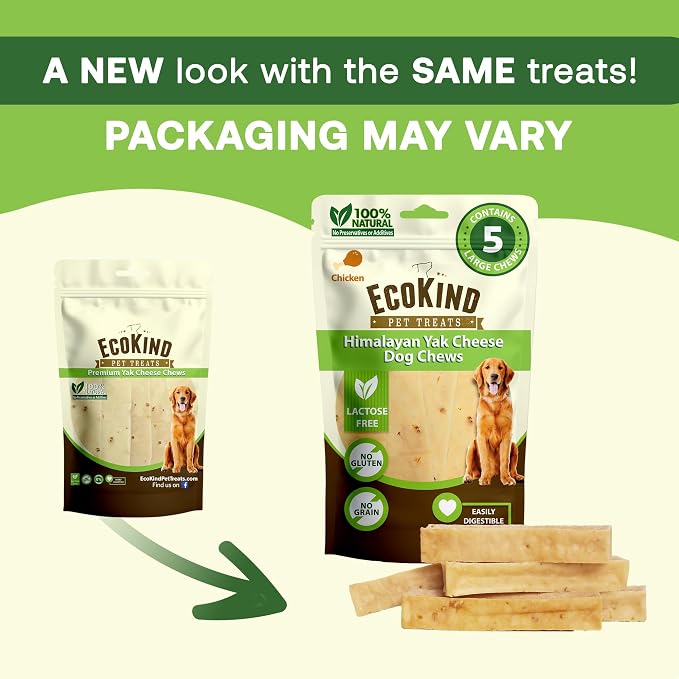 EcoKind Yak Cheese Himalayan Dog Chews, Yak Chews for Large Dogs, Long Lasting Bone for Aggressive Chewers, Only 4 Ingredients, Natural High Protein Dog Treats, No Additives, Chicken, Large 18+ Chews