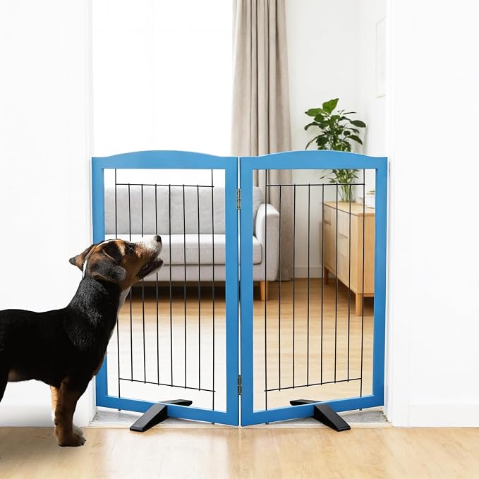 ZJSF Freestanding Dog Fence Indoor, Foldable Dog Gate for Doorways, Stairs or Hallways, Sturdy Wood Extra Wide Pet Gate with Support Feet for The House, Blue, 32 "Height-2 Panels
