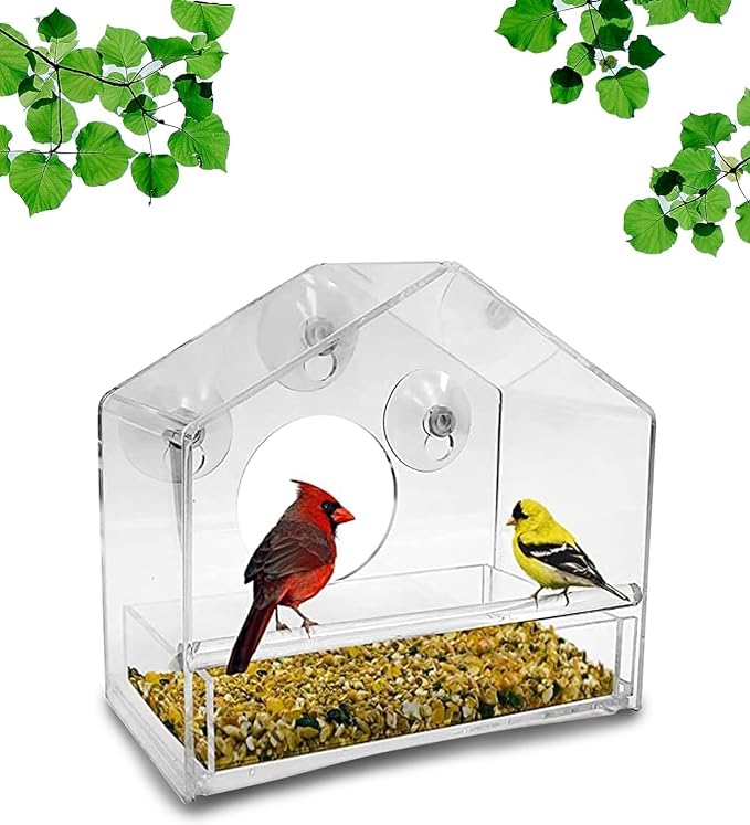 Nature Gear Window Bird Feeder with Strong Suction Cups, Clear Acrylic Window Mounted Bird Feeder, Removable Sliding Tray, Weather-Resistant, Durable, Squirrel-Resistant, House Style