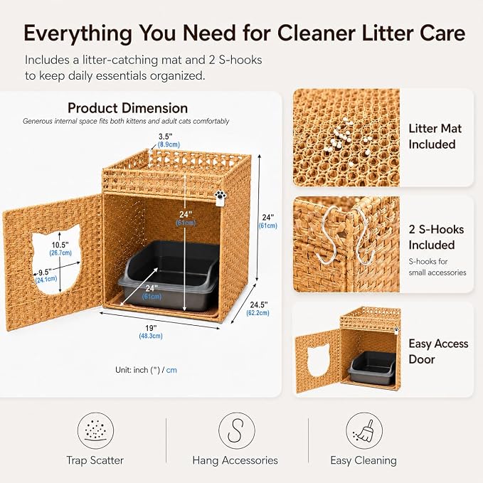 Handwoven Rattan Cat Litter Box Enclosure for Large Litter Box, Includes 1 Litter Mat & 2 S-Hook Attachments, Furniture-Grade Hidden House for Living Room, Bedroom, 24.6"x24"x19.88", Natural