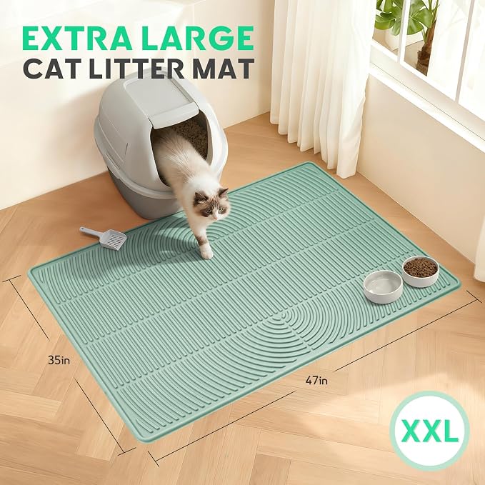 Pawtasy Cat Litter Box Mat,47" x 35" Extra Large Silicone Waterproof Litter Trapping Mat for Scatter Control Soft on Kitty Paws Non-Slip Easy to Clean