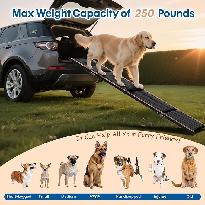 HBTower 63" Long x 17.3" Wide Folding Dog Ramp for Large Dogs Up to 250lbs - Portable Pet Ramp with Non-Slip Surface, Extra Wide Dog Car Ramps for Car, SUV, Truck & High Beds
