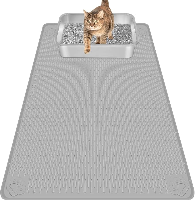 Cat Litter Mat, Extra Large 34" x 22" Silicone Mat Litter Trapping Mat for Scatter Control, Soft on Kitty Paws, Easy to Clean (Light Grey)