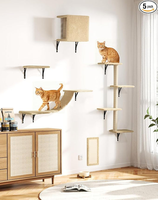 COZIWOW 5-Piece Cat Tree Set with Wall Mounted Cat Shelves, Cat Scratching Post & Cat Wall Furniture, Multi-Functional Indoor Cat Jungle Gym, Essential for Cat Room, Suitable for Large Cats(Beige)