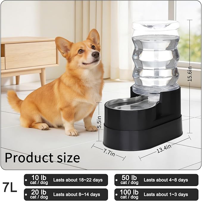 RIZZARI Stainless Steel Water Feeder: 7L Black Large Capacity & Automatic Gravity Dispenser - Elevated Anti-Spill Design for Senior Dogs with Spinal Issues - Garage Garden Use