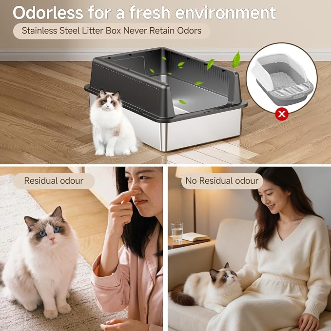 XXXL Stainless Steel Cat Litter Box with Lid (Black-A)