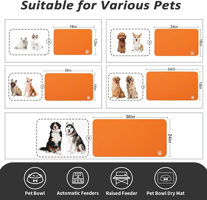 HotLive Dog Food Mat - Absorbent Cat Mat for Food and Water, No Stains Pet Feeding Bowl Mat, Easy to Clean Pet Placemats, Quick Dry Dog Water Dispenser Mat for Messy Drinkers | Paw Orange 12"x 19"