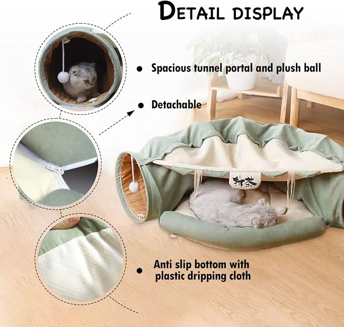 LEFTSTARER 2-in-1 Collapsible Cat Tunnel for Indoor Bed and Hideout - Pet Dog Rabbit Bunny Ferret Tunnel Tubes Toys with Removable Washable Mat, Tower Wheel Stuff