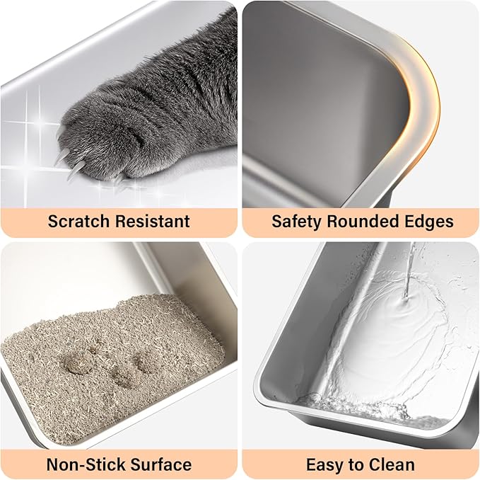 Stainless Steel Cat Litter Box with Lid, Large Metal Litter Box Stainless Steel with Mat & Scoop, Odor-Free/Anti-Leakage & Non-Stick/Easy Clean, High-Sided Litter Box for Multiple Big Cats(XL/Grey)