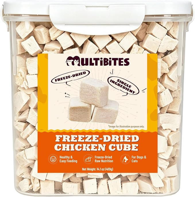 14.1 oz Freeze Dried Chicken Cubes for Dogs & Cats, Single‑Ingredient High‑Protein Grain-Free Treats, Large‑Sized Pet Snack Food Topper and Training Rewards for Multi‑Pet Households