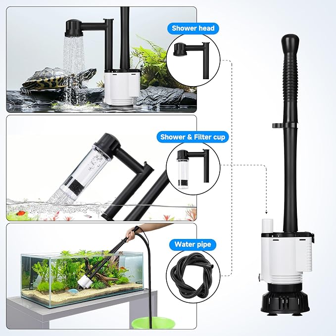 AQQA Electric Aquarium Gravel Cleaner, 8-in-1 Fish Tank Vacuum, Water Changer Sand Washer Algae Brush Turtle Shower Filter, Automatic Cleaning Kit for Freshwater Saltwater, 30W/480GPH
