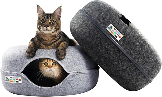 Cattasaurus Peekaboo Cat Cave Donut for Multiple & Large Cats up to 30-45 lbs, 3-in-1 Self Warming Cat Bed, Tunnel & Scratcher for Indoor Cats, Washable & Detachable (Light Gray + Dark Gray, Large)
