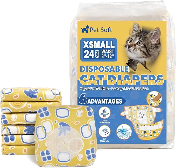 Pet Soft Disposable Cat Diapers - Diaper for Female & Male Cats, Puppy Doggie Diapers for Female Dogs with Adjustable Foam Tail Hole, X-Small (24Pcs, Yellow)