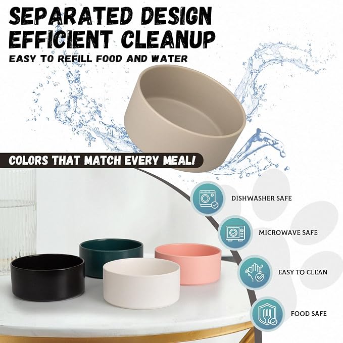 Raised Ceramic Dog Bowl, 6.1'' Modern Feeding Bowl with Non-Slip Stainless Steel Stand, Elevated Food or Water Dish for Small to Medium Dogs, 2 Cups (28.75 fl oz) - White