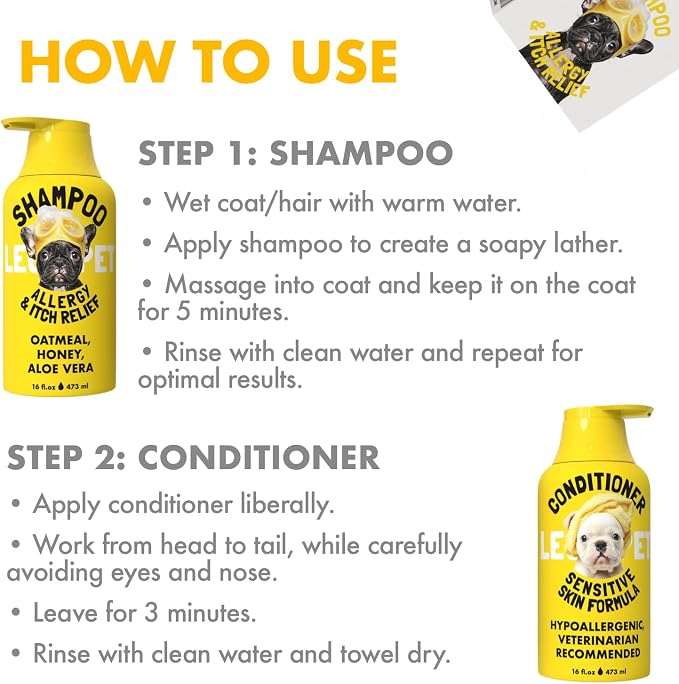 LEGITPET Oatmeal Dog Shampoo & Conditioner Itch & Allergy Relief with Honey & Aloe Hypoallergenic Gentle Calming Formula for Sensitive Skin & Dandruff Safe for Puppies Best for All Breeds 2 x 16oz