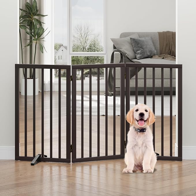 Dog Gates for Doorways, Tall Dog Gate Indoor, Foldable Pet Gates for Doorways Bedroom, Freestanding Puppy Gate with Metal Support Feet, Room Divider,3 Panels (Brown)
