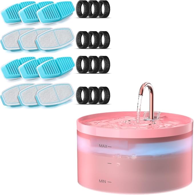 Pink Cat Water Fountain and 12 Carbon Filters + 12 Sponges, Multiple Filtration, Meets 8 Days of Drinking Water and 6-12 Months of Replacement Needs, Worry-Free Travel