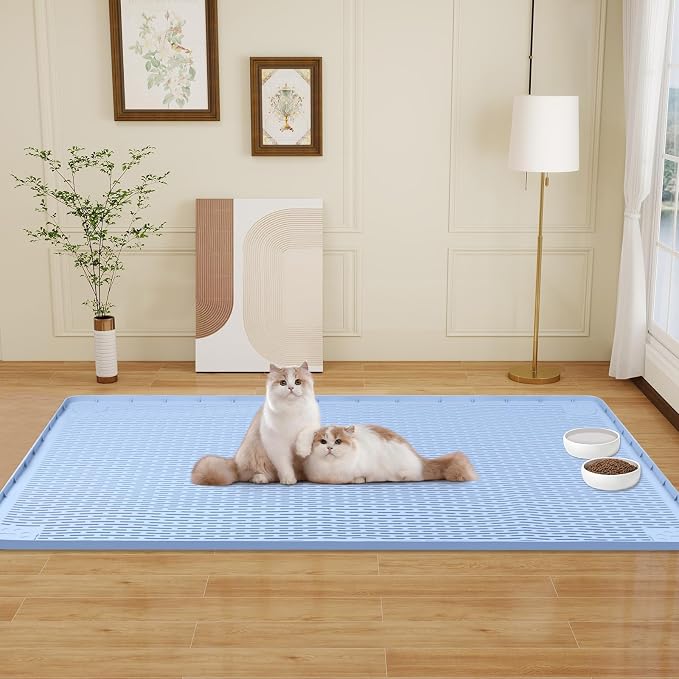 Cat Food Mat, 50" x 35" Extra Large Silicone Pet Feeding Mat with Raised Edge Pet Placemat for Food and Water Bowl Non-Slip, Easy to Clean, Floor Protection (Blue)